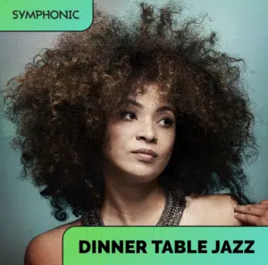 A woman with curly hair looks to the side against a teal background. Text reads "SYMPHONIC" and "DINNER TABLE JAZZ," highlighting this smooth Jazz Spotify playlist perfect for relaxing evenings.